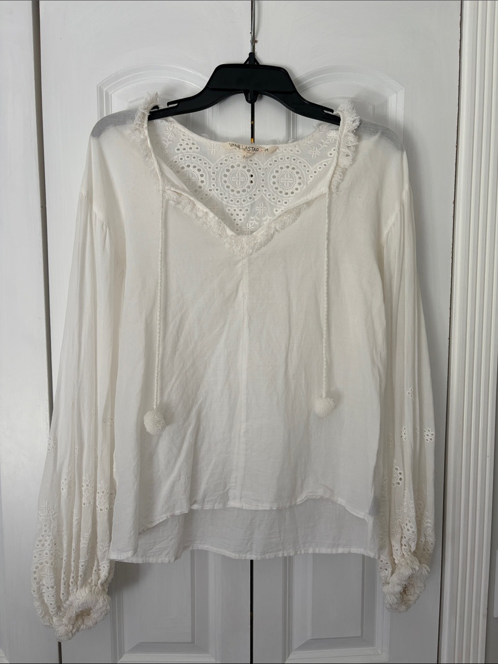 Velvet Heart Cream Eyelet-Trim Tassel Peasant Blouse